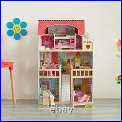 Gardenised Wooden Doll House with Toys and Furniture Accessories with LED Lig