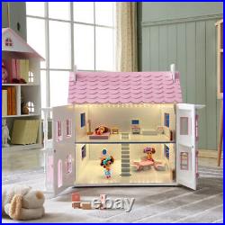 Grils' Pink Doll House Wooden Dollhouse with Furniture & Dolls &LED Light String