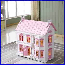 Grils' Pink Doll House Wooden Dollhouse with Furniture & Dolls &LED Light String