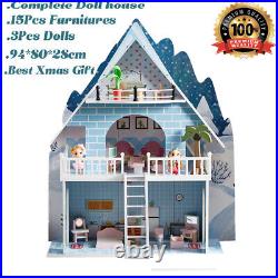 HILIROOM Kids Wooden Dolls House with Furniture Dolls 3 Storey Dollhouse Playset