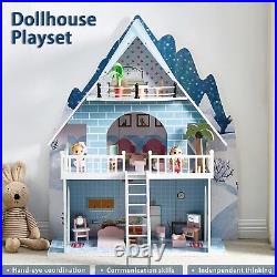 HILIROOM Kids Wooden Dolls House with Furniture Dolls 3 Storey Dollhouse Playset