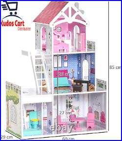 HOMCOM Kids Wooden Dolls House with Furniture Accessories 3 Storey Dollhouse for