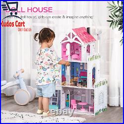 HOMCOM Kids Wooden Dolls House with Furniture Accessories 3 Storey Dollhouse for