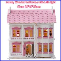 HOT- Large Dollhouse Luxury Wooden Cottage Kid Doll Houses with LED Light Strin