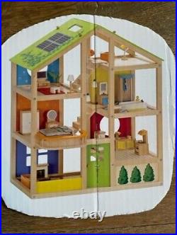 Hape All-Season Doll House (3+ Years) fully furnished + family pack MINT cond
