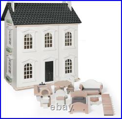 Hooga Wooden Dollhouse with Furniture Set Included, Multi-Level 3-Storey Pretend Hooga Wooden Dollhouse with Furniture Set Included, Multi-Level 3-Storey Pretend