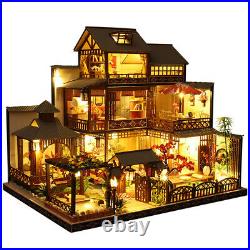 Japanese Villa Wooden DIY Doll House Miniature Handmade Furniture LED Light