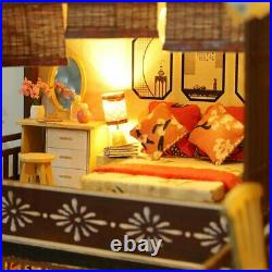 Japanese Villa Wooden DIY Doll House Miniature Handmade Furniture LED Light