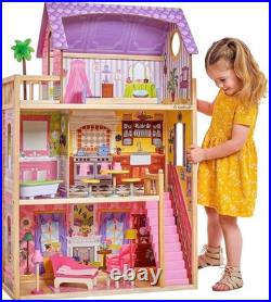 Kayla Wooden Dolls House 3 Storey Design with 10 Accessories for 30 cm Dolls