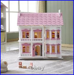 Kid Wooden Dolls House with Furniture & Dolls & Faily Light Dollhouse Girls Gift