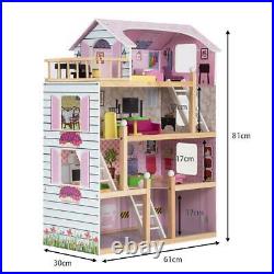 Kids 3 Storey Wooden Doll Play House Mansion With Furniture Accessories Girls Toy