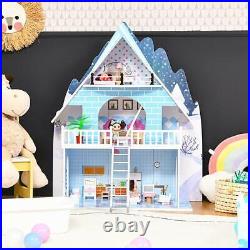 Kids Children's Wooden Dolls House with Furniture Accessories 3 Storey Dollhouse