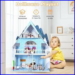 Kids Children's Wooden Dolls House with Furniture Accessories 3 Storey Dollhouse