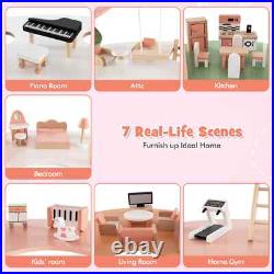Kids DIY Wooden Pretend Dollhouse 7 Room 33PCS Realistic Furniture Accessories Kids DIY Wooden Pretend Dollhouse 7 Room 33PCS Realistic Furniture Accessories