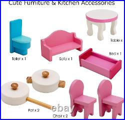 Kids Dollhouse Play Kitchen, 2-In-1 Double Sided and Dolls House with Furniture