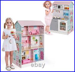 Kids Dollhouse Play Kitchen, 2-In-1 Double Sided and Dolls House with Furniture