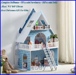 Kids Dollhouse Wooden 3 Storey Larg Dolls House with15 Furnitures Toy Dolls Gift
