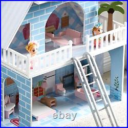 Kids Dollhouse Wooden 3 Storey Larg Dolls House with15 Furnitures Toy Dolls Gift