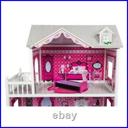 Kids Girls Large Doll Mansion 3 Storey Wooden Pink House With Dolls Furniture NEW