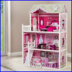 Kids Girls Large Doll Mansion 3 Storey Wooden Pink House With Dolls Furniture NEW