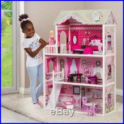 Kids Girls Large Doll Mansion 3 Storey Wooden Pink House With Dolls Furniture New