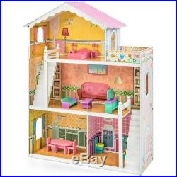 Kids Height 3 Story Wooden Open Dollhouse Set 5 Rooms Playhouse with 17 Furniture