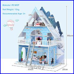 Kids Wooden Dollhouse 3-Storey Doll Town House with15 Pieces Furniture & Cute Doll