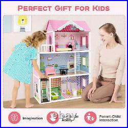 Kids Wooden Dollhouse Playset 3-Story Doll House Pretend Dream House Toy