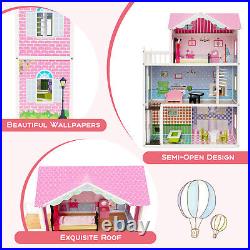 Kids Wooden Dollhouse Playset 3-Story Doll House Pretend Dream House Toy