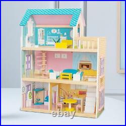 Kids Wooden Dollhouse with Realistic Design 3 Levels Modern Family Dollhouse for