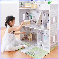 Kids Wooden Dolls House 111.5cm Tall 3 Story Play House With Lift And Furniture