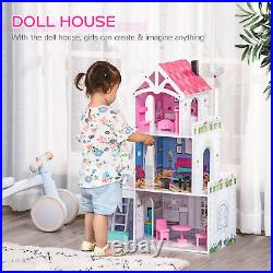 Kids Wooden Dolls house with Furniture 3 Storey Dollhouse for 3-6 Years HOMCOM