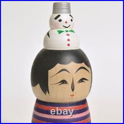 Kokeshi x2 HIRAGA TERUYUKI Snowman 120mm 4.7 sign Japanese wooden doll