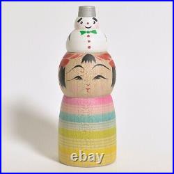 Kokeshi x2 HIRAGA TERUYUKI Snowman 120mm 4.7 sign Japanese wooden doll