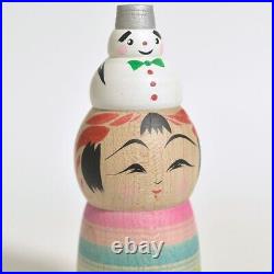 Kokeshi x2 HIRAGA TERUYUKI Snowman 120mm 4.7 sign Japanese wooden doll