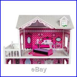 Large 3 Storey Dollhouse Toddlers Girls Wooden Doll House Mansion Pink Furniture