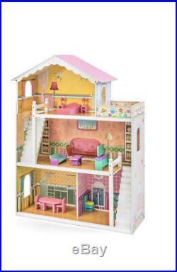 Large Childrens Wooden Dollhouse Fits Barbie Doll House Pink with 17 Pieces Set