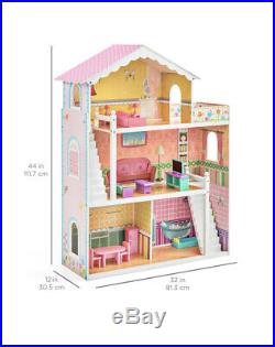 Large Childrens Wooden Dollhouse Fits Barbie Doll House Pink with 17 Pieces Set