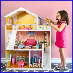 Large Multicolor 3 Story Kids Wooden Dollhouse Toy Play Set 17 Furniture Deck