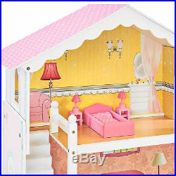 Large Multicolor 3 Story Kids Wooden Dollhouse Toy Play Set 17 Furniture Deck