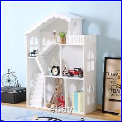 Large White Doll House 3-Storey Wooden Bookcase Kids Dollhouse Storage Rack Gift
