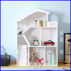 Large White Doll House 3-Storey Wooden Bookcase Kids Dollhouse Storage Rack Gift