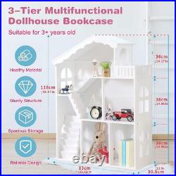 Large White Doll House 3-Storey Wooden Bookcase Kids Dollhouse Storage Rack Gift