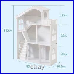 Large White Doll House 3-Storey Wooden Bookcase Kids Dollhouse Storage Rack Gift