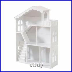 Large White Doll House 3-Storey Wooden Bookcase Kids Dollhouse Storage Rack Gift