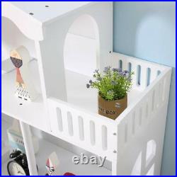 Large White Doll House 3-Storey Wooden Bookcase Kids Dollhouse Storage Rack Gift