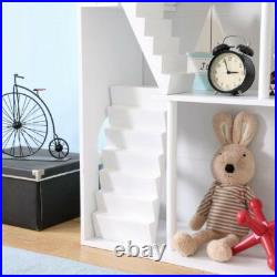 Large White Doll House 3-Storey Wooden Bookcase Kids Dollhouse Storage Rack Gift