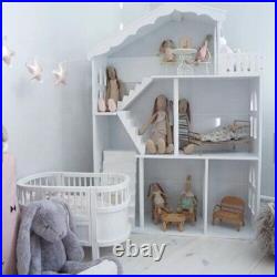 Large White Doll House 3-Storey Wooden Bookcase Kids Dollhouse Storage Rack Gift