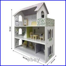 Large Wooden 11pcs Doll House Kit Play Dollhouse Mansion Furniture