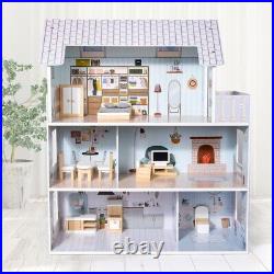 Large Wooden 11pcs Doll House Kit Play Dollhouse Mansion Furniture